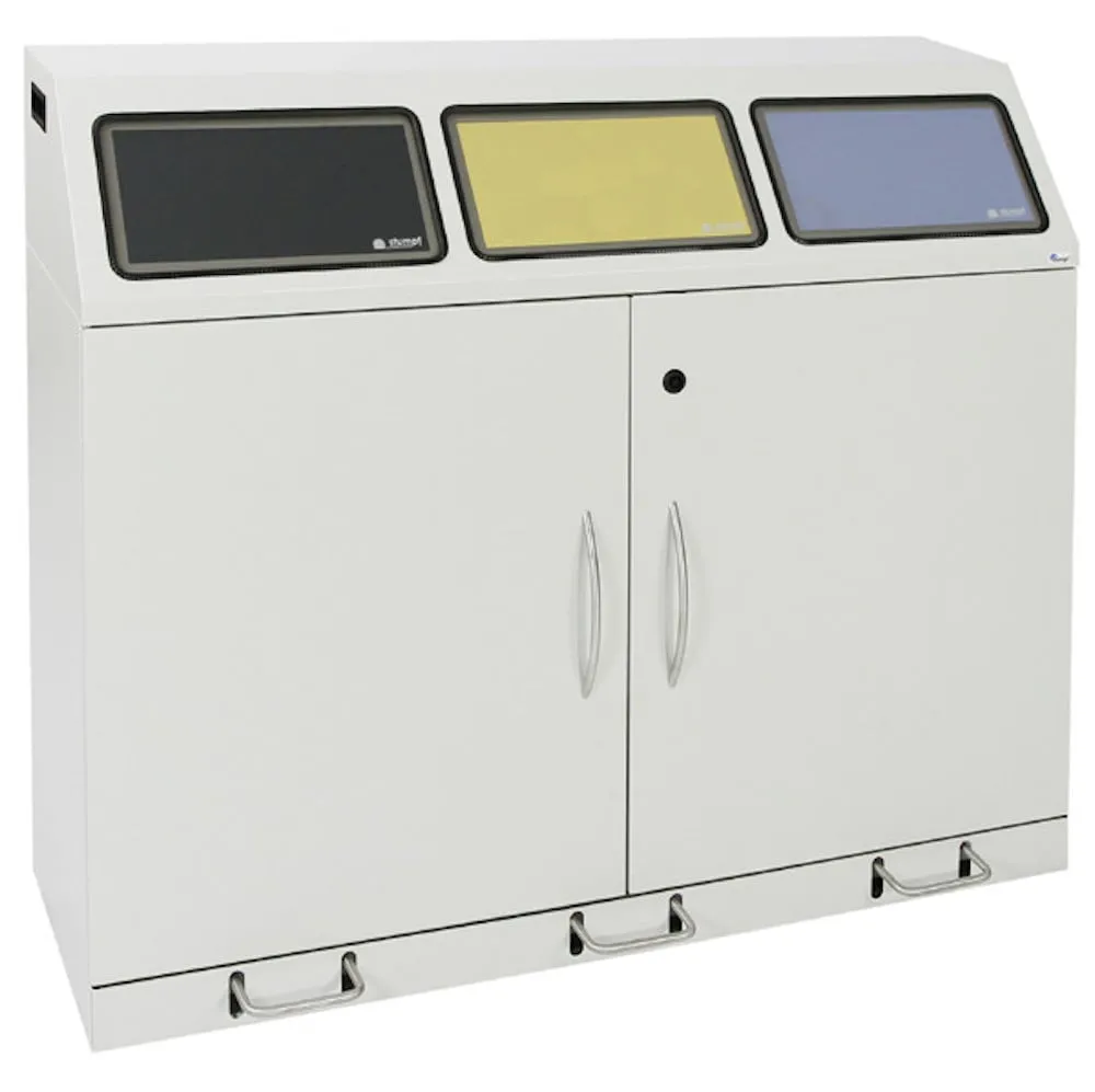 Flügeltüren-Abfallbehälter mit großem Einwurf & Stahleinsatz & Fußhebel | HxBxT 100x118x38cm | Selbstlöschend & Geruchshemmend | Lichtgrau mit Klappenaufkleber in 3 Farben