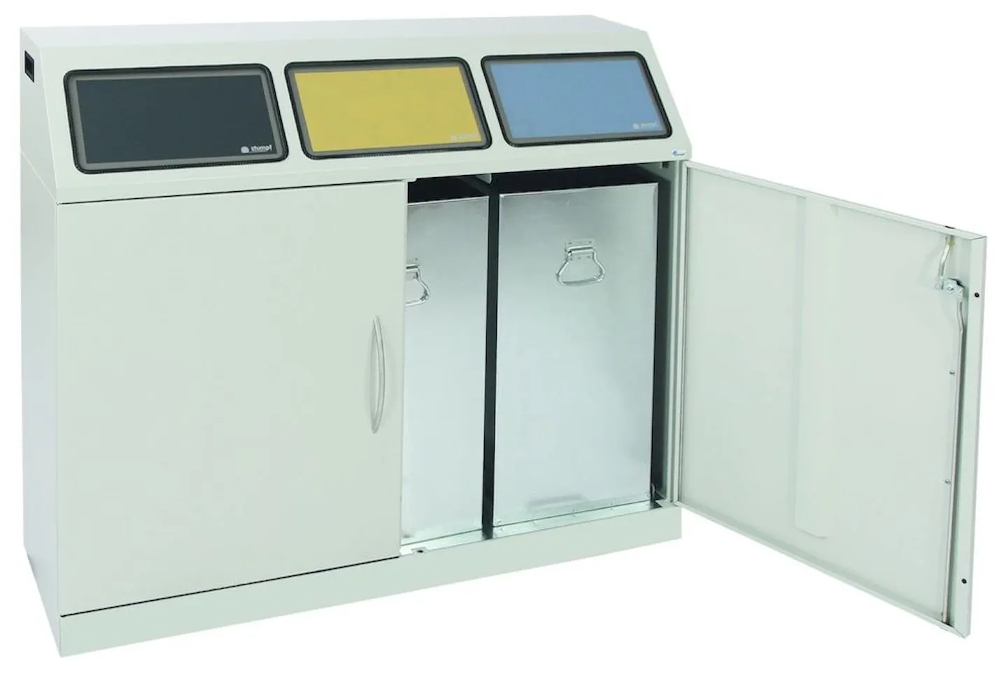 Flügeltüren-Abfallbehälter mit großem Einwurf & Stahleinsatz | HxBxT 100x118x38cm | Selbstlöschend & Geruchshemmend | Lichtgrau mit Klappenaufkleber in 3 Farben