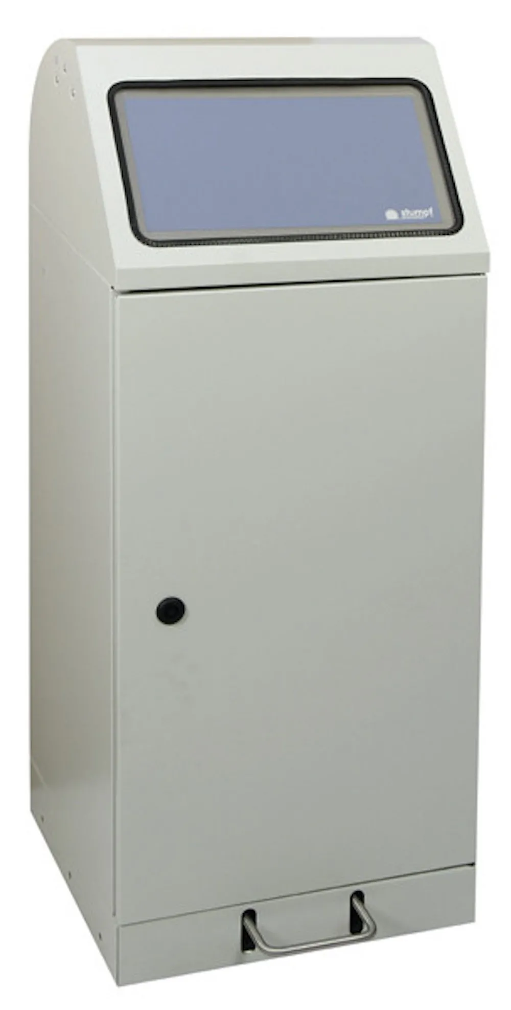 Abfallbehälter mit großem Einwurf & Tütenhalterung & Fußhebel | 70 Liter, HxBxT 100x40x38cm | Feuer- & Geruchshemmend | Lichtgrau mit Klappenaufkleber in 3 Farben