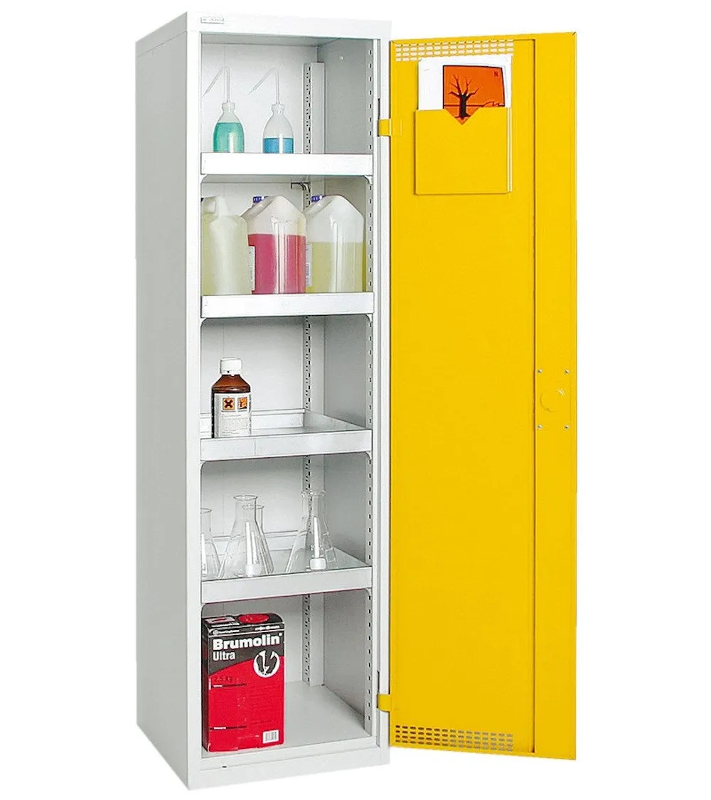 Belüfteter Umwelt & Gefahrstoffschrank mit 1 Tür | HxBxT 180x50x50cm | 4 Auffangwannen mit je 10 Liter | Lichtgrau/Signalgelb