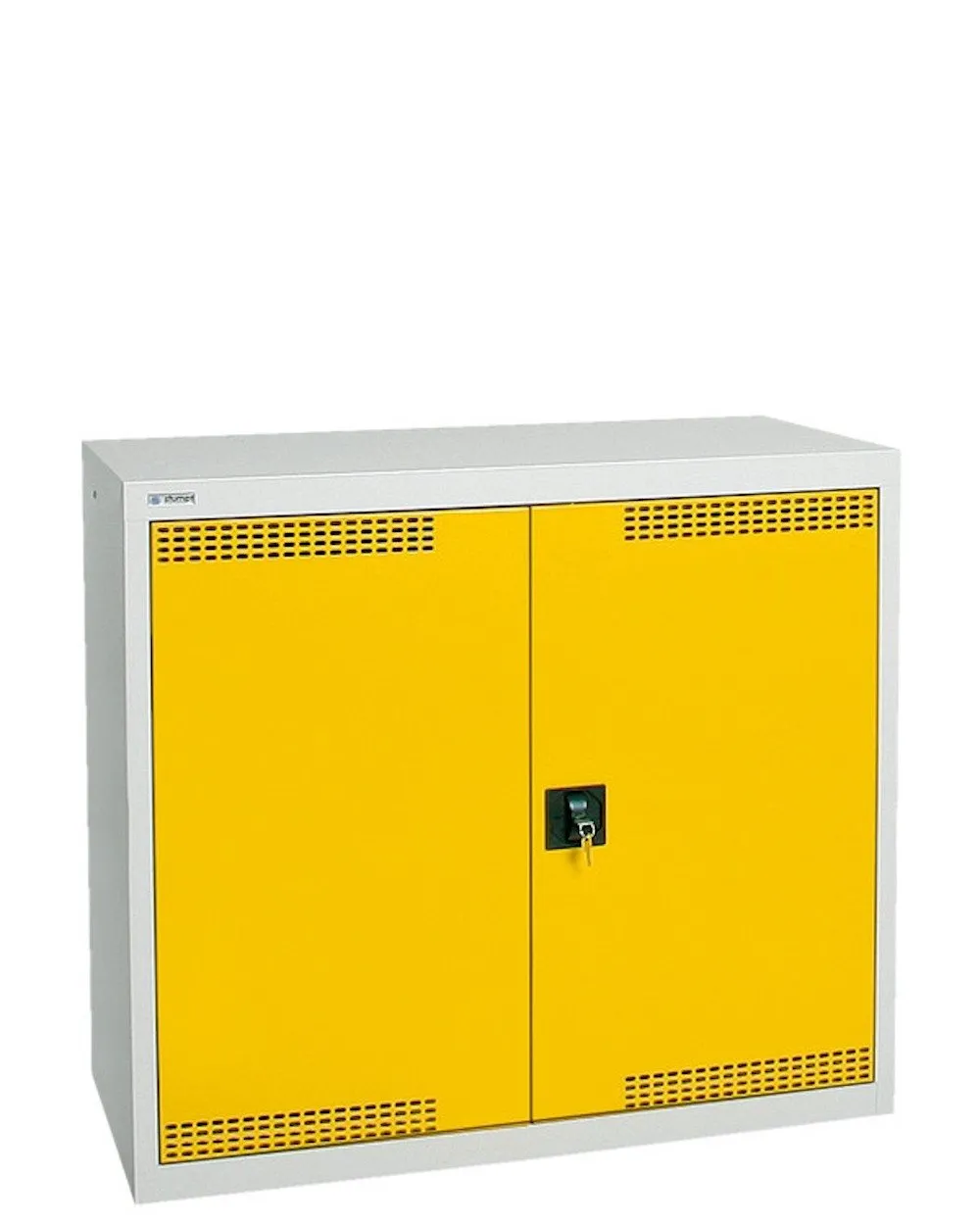 Belüfteter Umwelt & Gefahrstoffschrank mit 2 Türen | HxBxT 90x100x50cm | 2 Auffangwannen mit je 22 Liter | Lichtgrau/Signalgelb