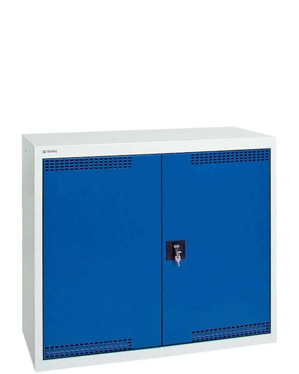 Belüfteter Umwelt & Gefahrstoffschrank mit 2 Türen | HxBxT 90x100x50cm | 2 Auffangwannen mit je 22 Liter | Lichtgrau/Enzianblau