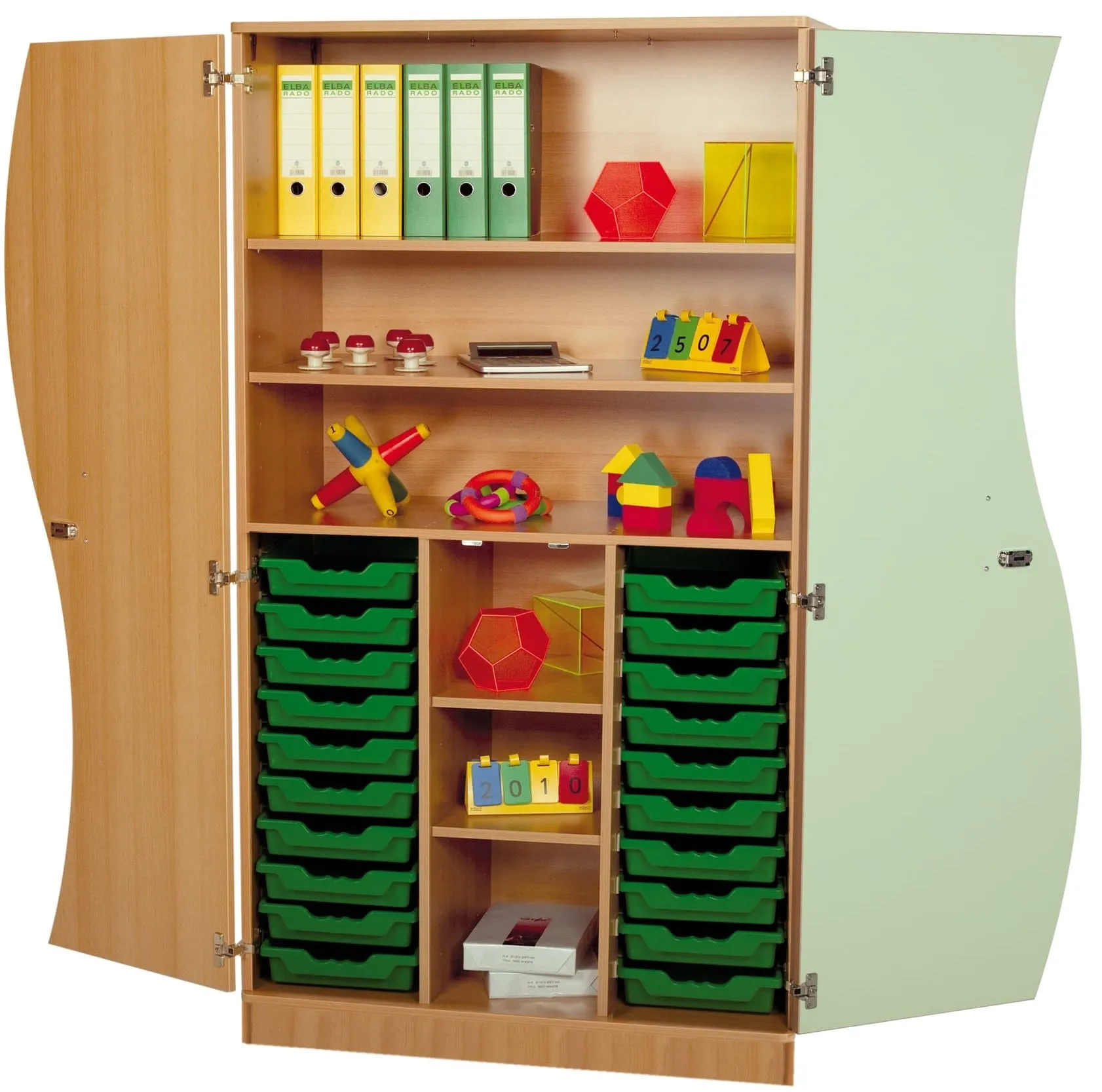 Schrank mit Wellentüren, 4 Einlegeböden und 20 ErgoTray Boxen