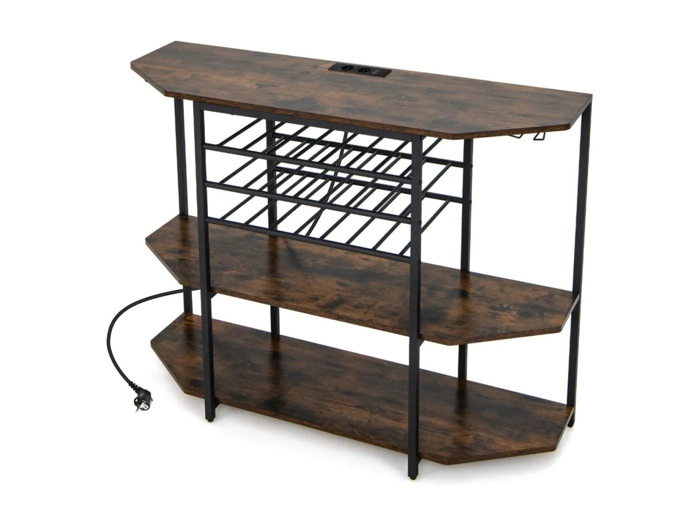 3-stufiges Industrielles Weinregal mit Steckdosen & Flaschenregal & Glashaltern Weinbarschrank Braun