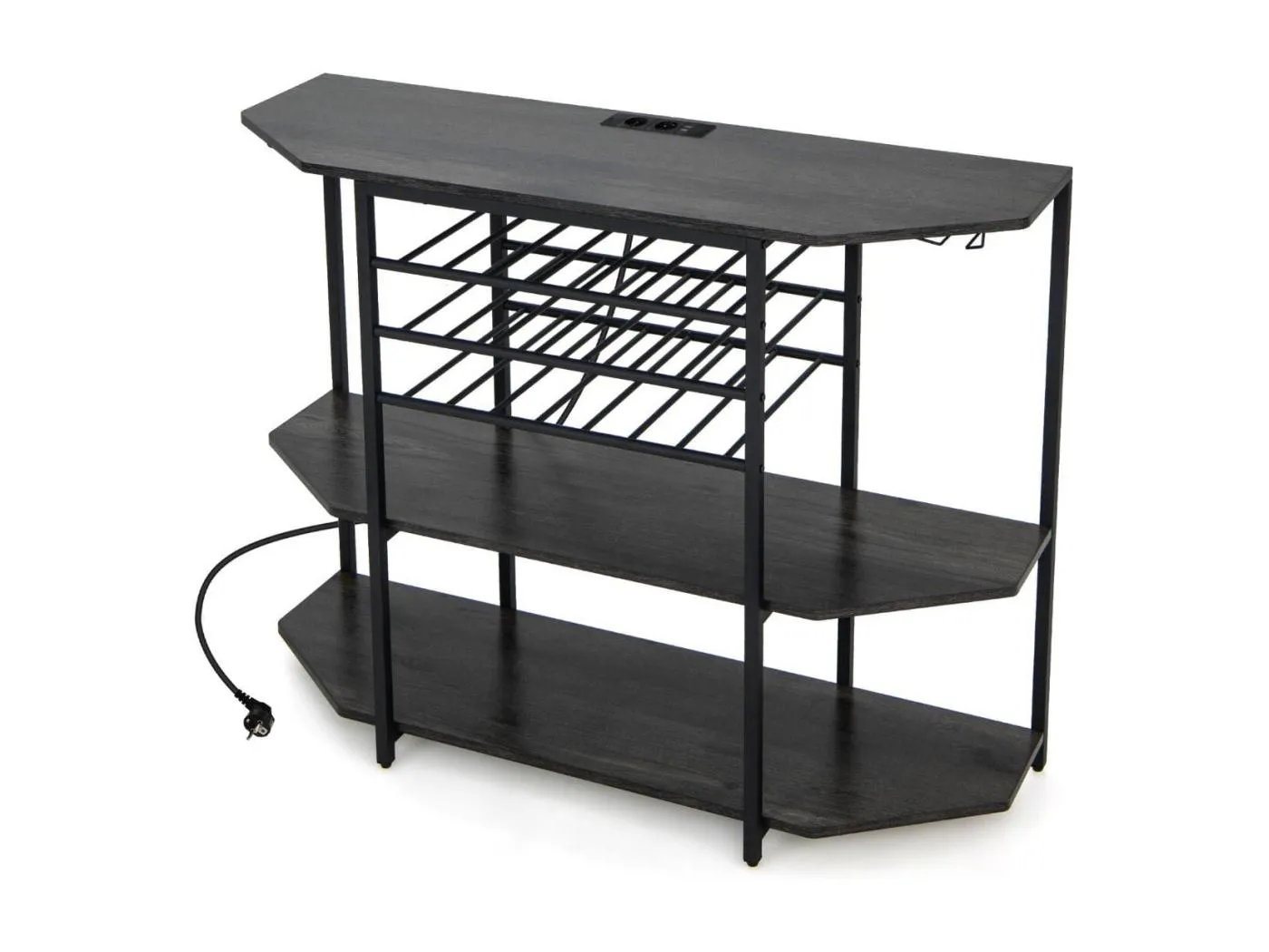 3-stufiges Industrielles Weinregal mit Steckdosen & Flaschenregal & Glashaltern Weinbarschrank Grau