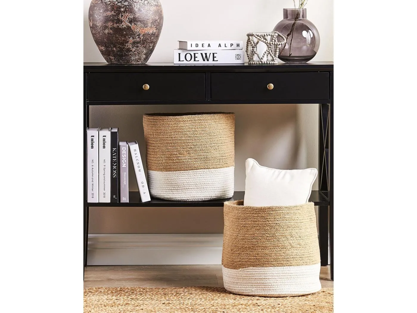 Aufbewahrungskörbe aus Jute beige/natürlich/weiß rund Boho Stil 2er Set Bulanik