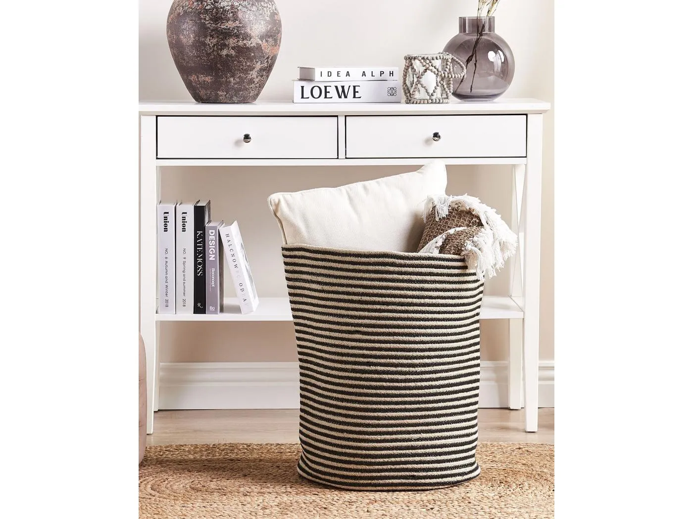 Aufbewahrungskorb aus Baumwolle im Boho-Stil in Beige und schwarz Yerko