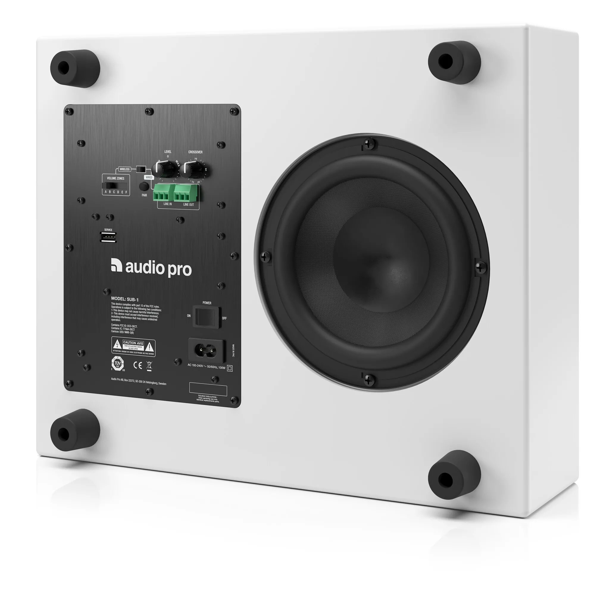 AudioPro Business SUB-1 - Kabelloser, aktiver Subwoofer mit DSP, DECT, 80W, 1x6,5", inkl. GA69 Lichtschienenadapter & Montagebügel, analoger Line In, weiß
