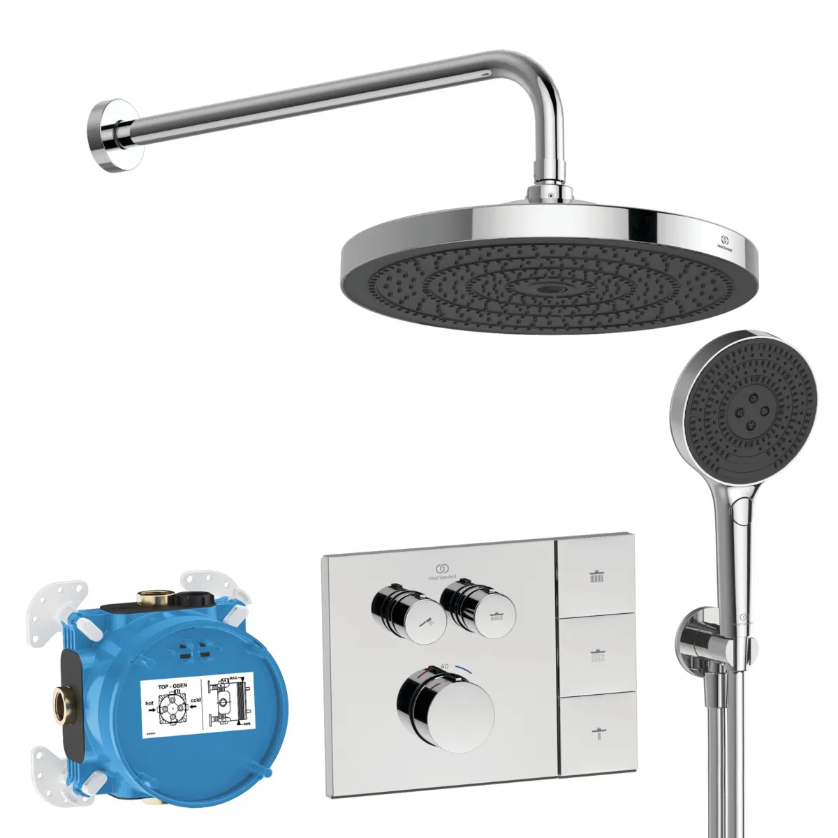 Armaturen-Paket, Brausethermostat Unterputz Bausatz 2 für Fertigmontage, Unterputz-Bausatz 1 Easy-Box, Regenbrause, Wandanschluss, Handbrause, Wandanschlussbogen Unterputz, Brauseschlauch Brushed Gold