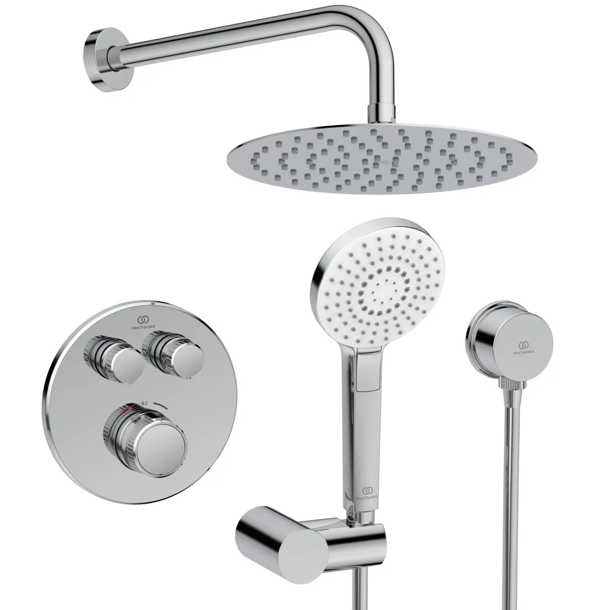 Armaturen-Paket Ceratherm Navigo Chrom, Brausethermostat Unterputz Bausatz 2 für Fertigmontage, Wandanschlussbogen Unterputz, Handbrause-Set, Kopfbrause, Wandanschluss