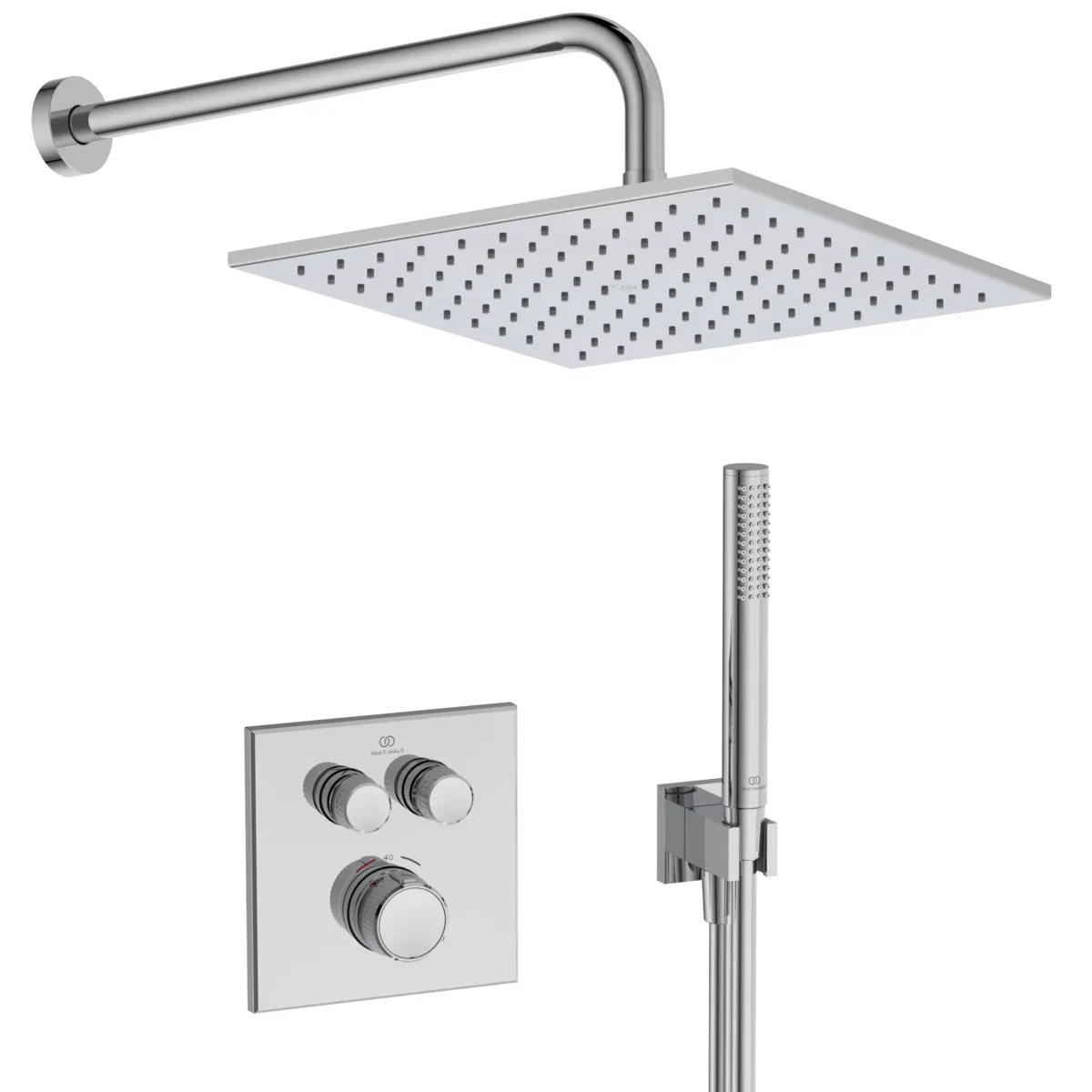 Armaturen-Paket Ceratherm Navigo Chrom, Brausethermostat Unterputz Bausatz 2 für Fertigmontage, Wandanschlussbogen Unterputz, Brauseschlauch, Stabhandbrause, Kopfbrause, Wandanschluss