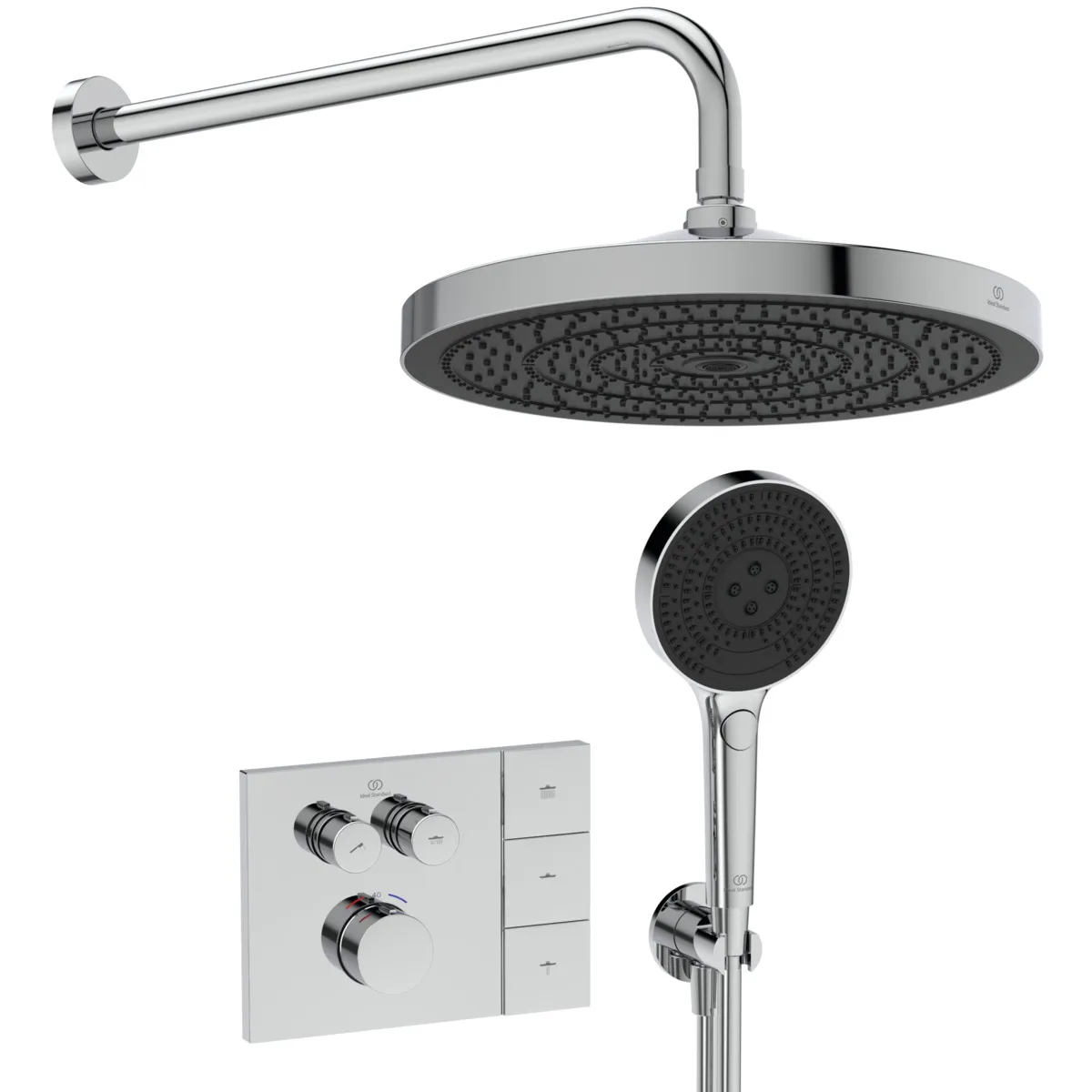 Armaturen-Paket Ceratherm Navigo Chrom, Brausethermostat Unterputz Bausatz 2 für Fertigmontage, Kopfbrause, Wandanschluss, Handbrause, Wandanschlussbogen Unterputz, Brauseschlauch