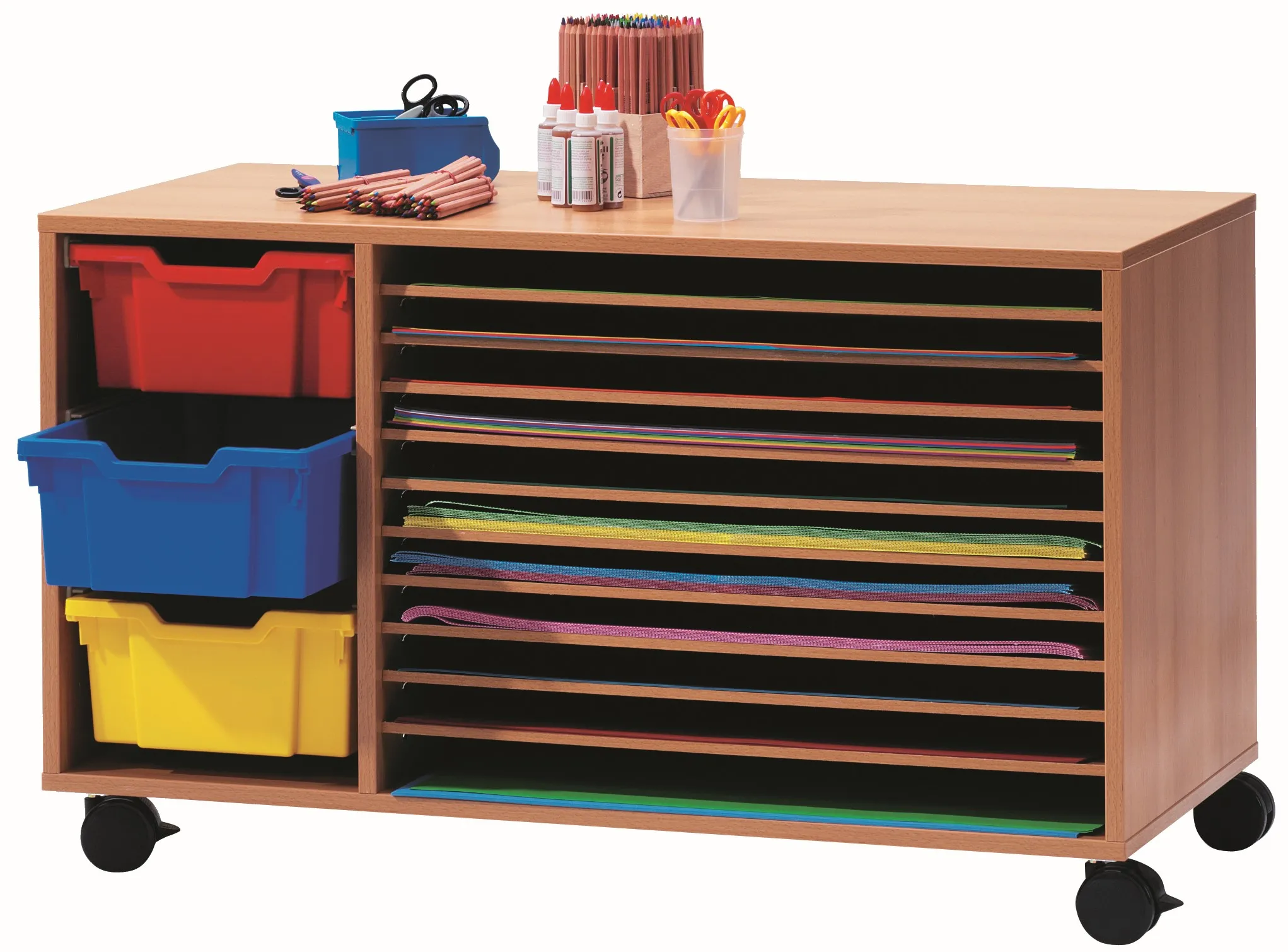 Fahrbarer Bastelpapierwagen mit ErgoTray Boxen