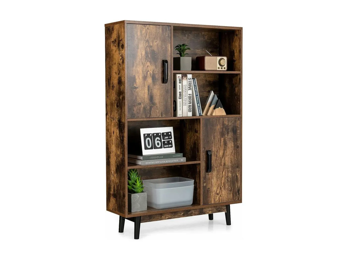 Bücherschrank mit 2 Türen und 4 offene Regale, Bücherregal Holz, Standregal Holzregal Aufbewahrungsregal für Wohnzimmer, Arbeitszimmer 80x24x120cm (Schwarz) TI89785