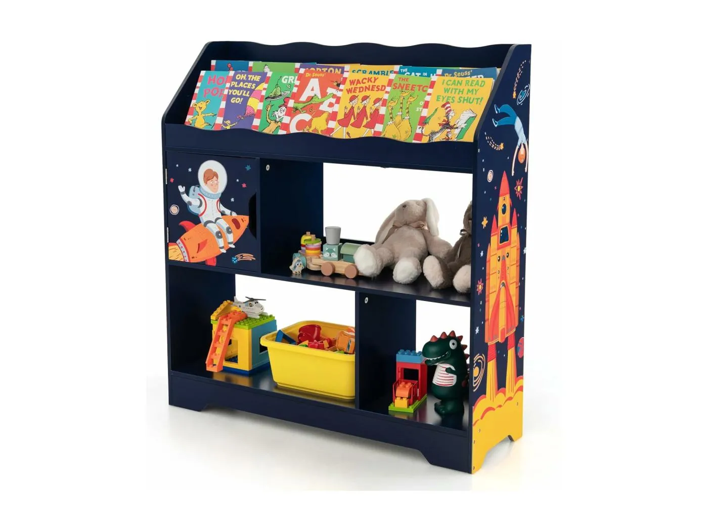 3 in 1 Spielzeugregal, 3 stöckiges Kinderregal mit Ablagefächer & Tür, Spielzeug-Organizer Bücherregal für Spielzimmer, Wohnzimmer, Kindergarten, 93 x 30 x 100 cm (Blau)