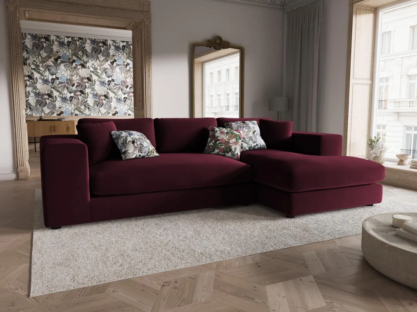 CXL by Christian Lacroix - 5-Sitzer Ecksofa rechts "Tendance" Sitzer aus Samt dunkelrot - 282x174x72cm