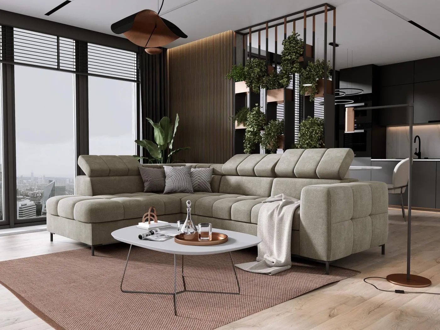 Ecksofa PABLO 279x201 cm mit Bett, Bettkasten, verstellbare Kopfstützen, weicher, pflegeleichter VOGUE-Stoff, Metallfüße, links, GRÜN