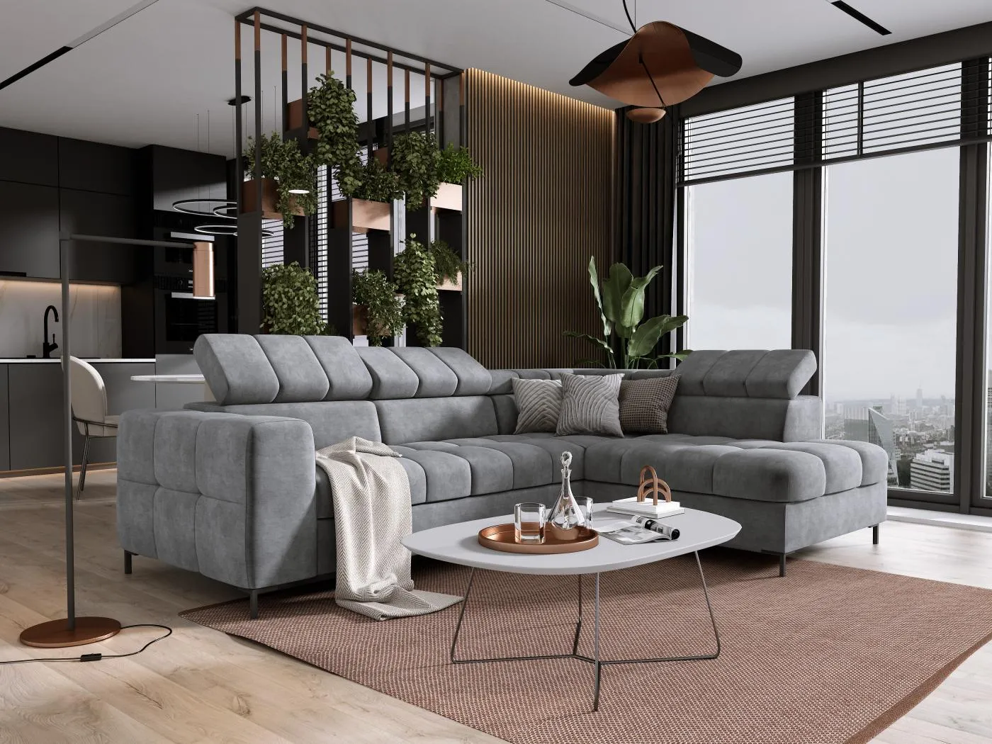 Ecksofa PABLO 279x201 cm, Bettfunktion, Bettkasten, verstellbare Kopfstützen, weicher CLOUD-Stoff, Metallfüße, rechte Anordnung, hellgrau