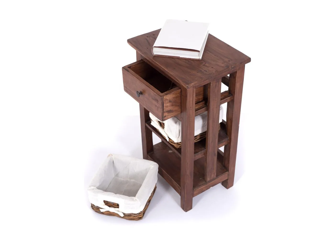 TELEFONTISCH RATTAN 70 mit 2 Rattan-Körben und Schublade, Mahagoni massiv 02 hellbraun