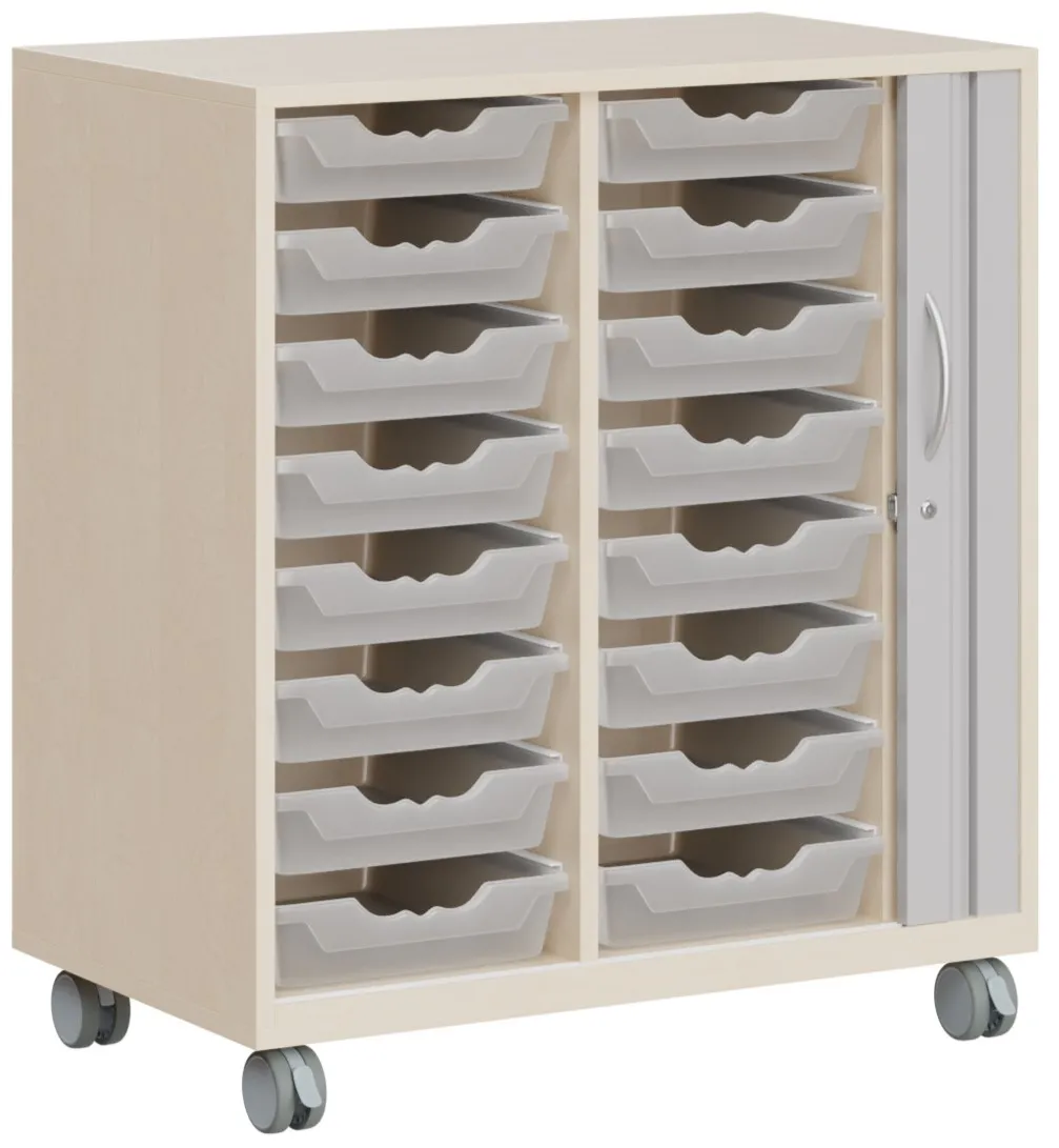Sideboard mit abschließbarer Rollotür und 16 ErgoTray Boxen