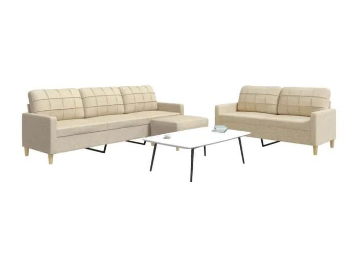 3-tlg. Sofagarnitur mit Fußhocker Creme Stoff