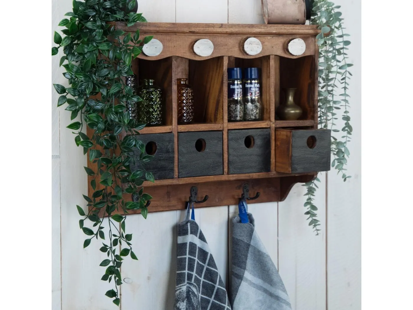 WANDREGAL  Luna Mahagoni Holz, mit 4 Schubladen und 3Haken naturfarben-schwarz