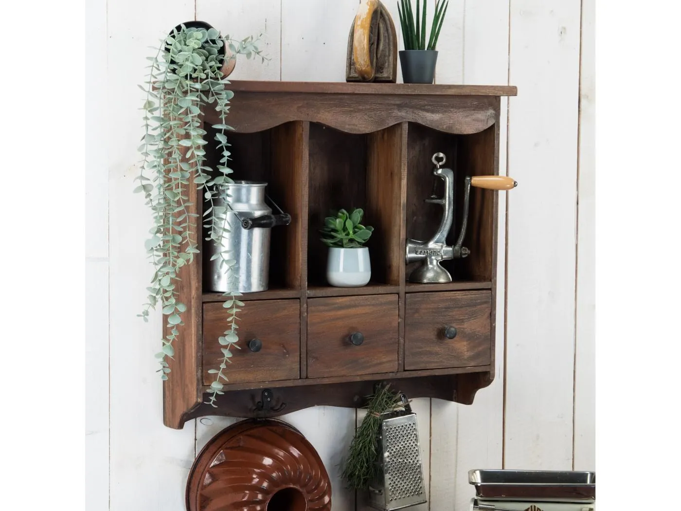 WANDREGAL  Belle Mahagoni Holz, mit 3 Schubladen und Haken dunkelbraun