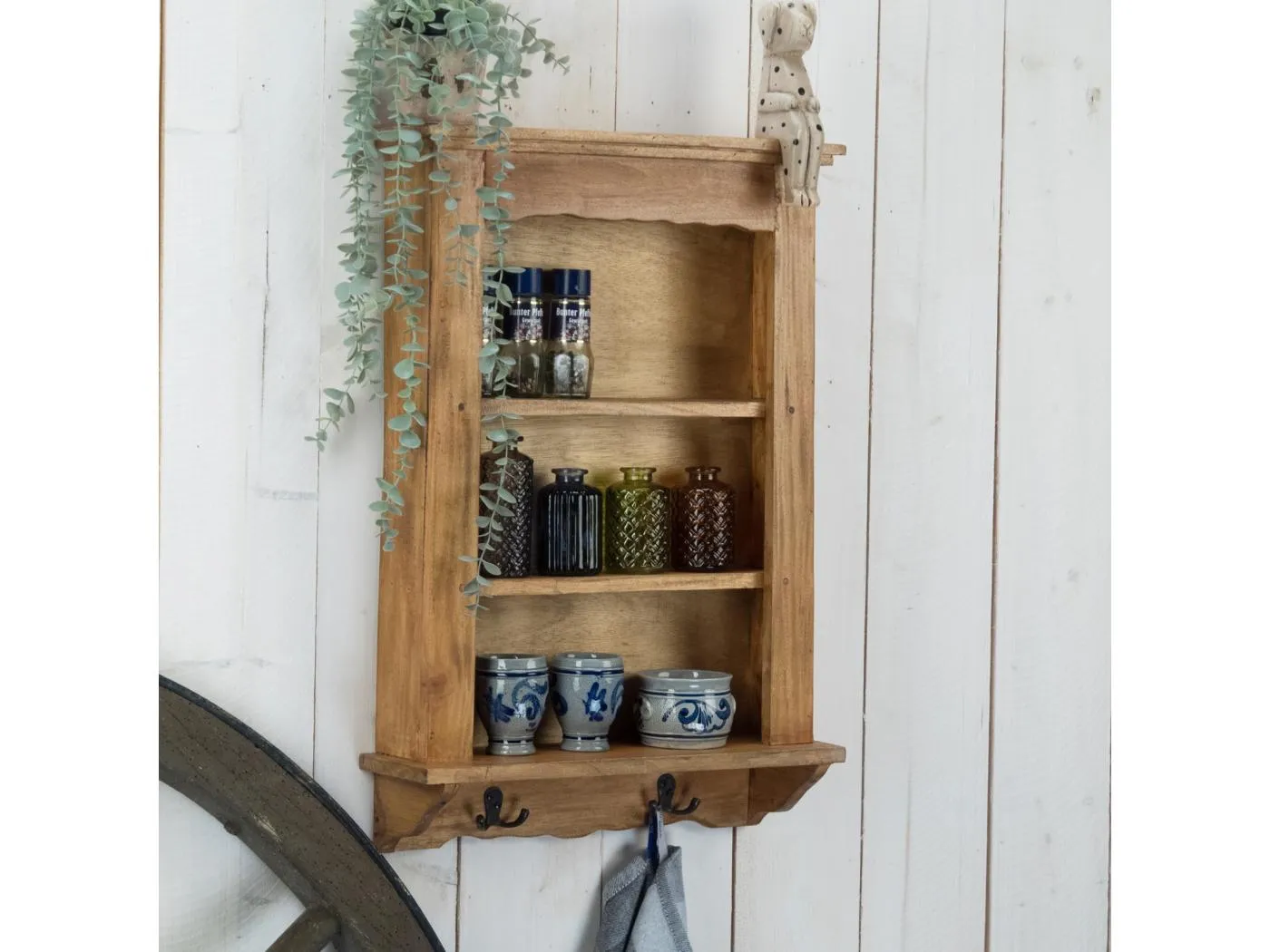 WANDREGAL  Country Mahagoni Massivholz, 3 Ebenen, 4 Haken naturfarben