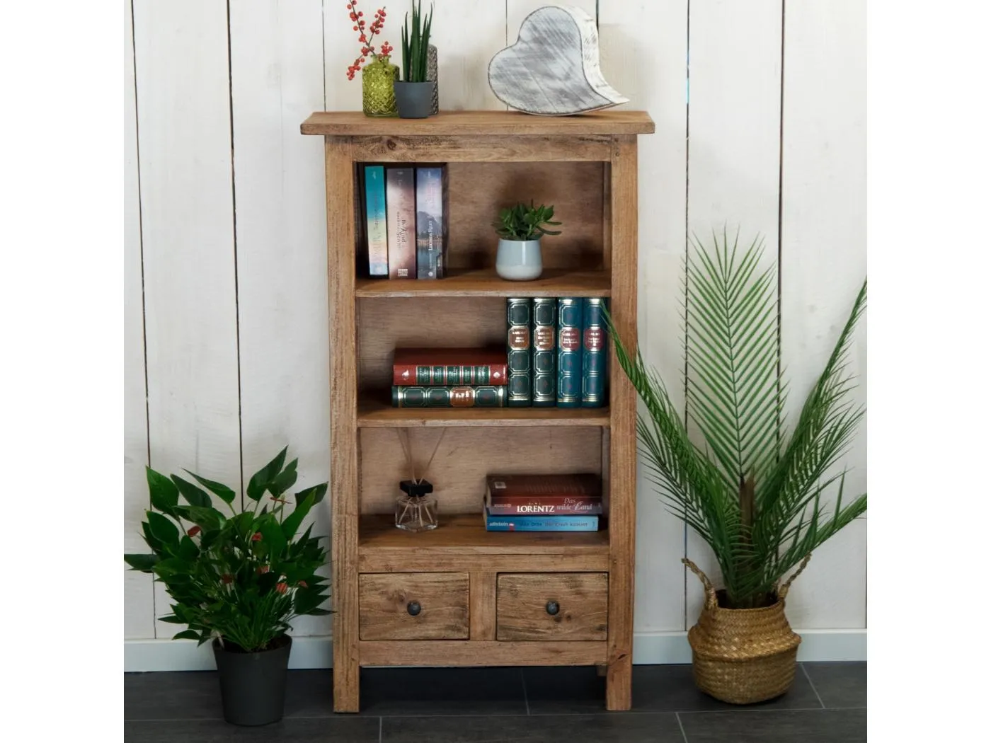 BÜCHERSCHRANK Libros Mahagoni Massivholz, 3 Ebenen, 2 Schubladen naturfarben