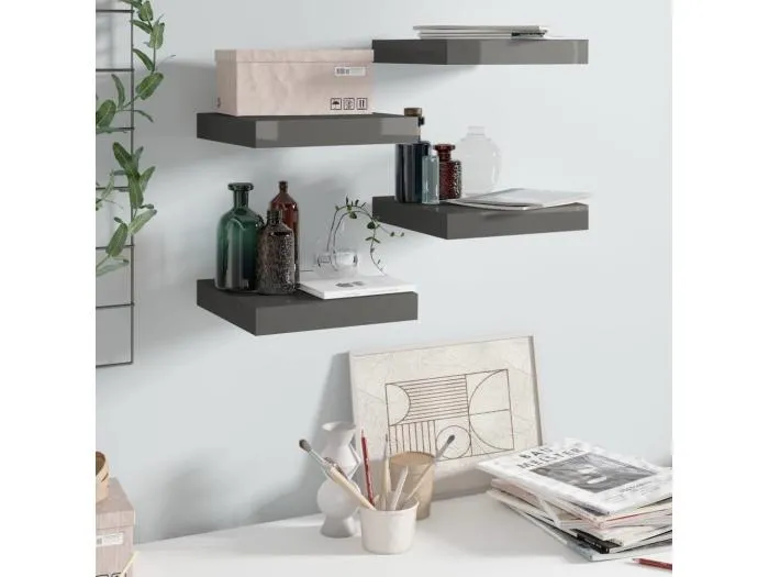 Schweberegale 4 Stk. Hochglanz-Grau 23x23,5x3,8 cm MDF