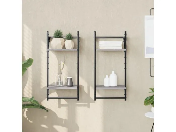 Wandregale mit 2 Ablagen & Stangen 2 Stk Grau Sonoma 30x25x65cm
