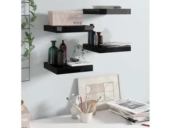 Schweberegale 4 Stk. Hochglanz-Schwarz 23x23,5x3,8 cm MDF