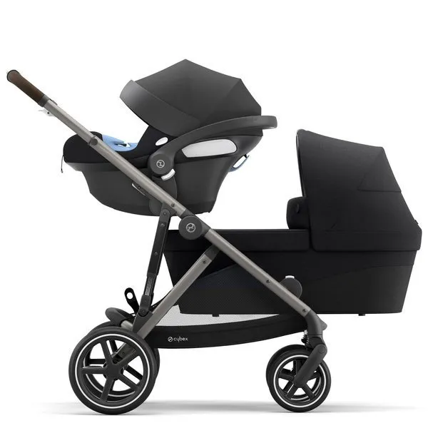 Cybex Gazelle S Twin Kinderwagen + Autositze Cybex Aton M I-Size & SensorSafe 0-13 kg + Adapter Deep Black frame Taupe