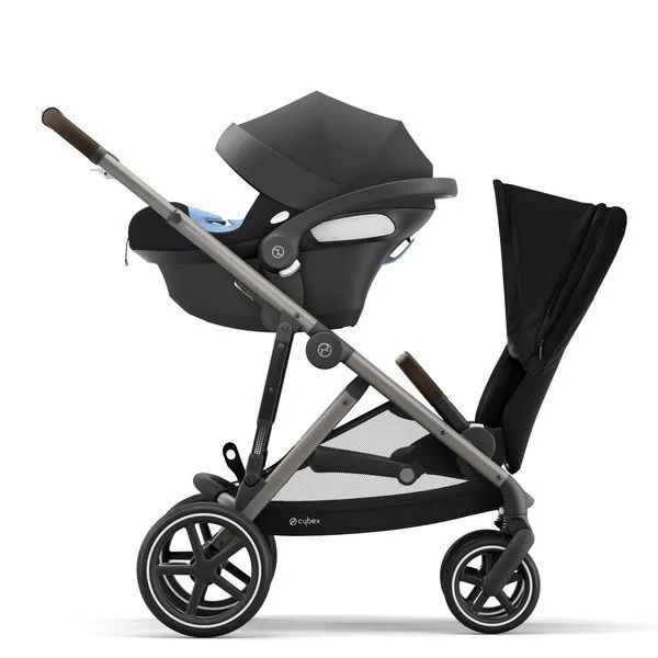 Cybex Gazelle S Twins Kinderwagen Jahr für Jahr + Cybex Aton M I-Size & SensorSafe 0-13 kg RWF + Adapter Deep Black frame Taupe