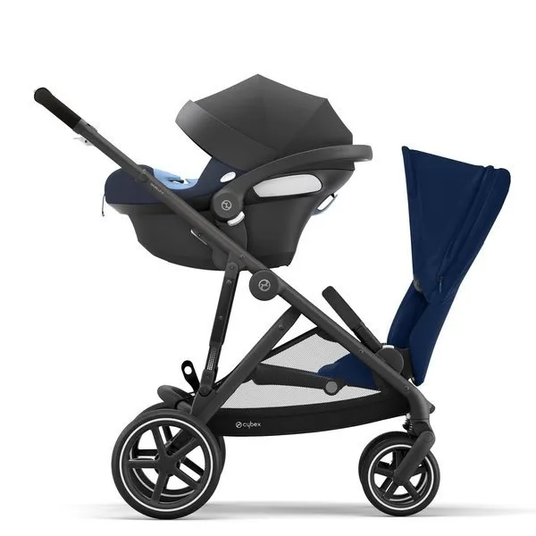 Cybex Gazelle S Zwillinge Kinderwagen Jahr für Jahr + Cybex Aton M I-Size & SensorSafe 0-13 kg RWF + Adapter Navy Blue frame Black