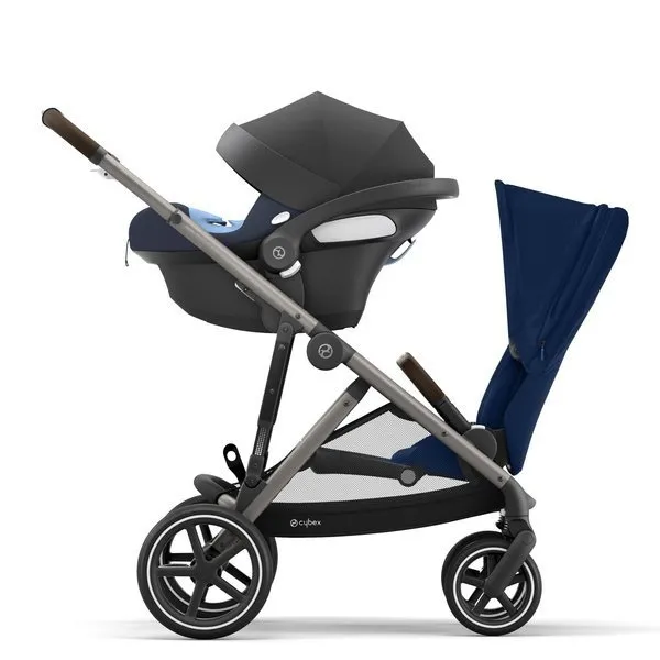 Cybex Gazelle S Zwillinge Kinderwagen Jahr für Jahr + Cybex Aton M I-Size & SensorSafe 0-13 kg RWF + Adapter Navy Blue frame Taupe