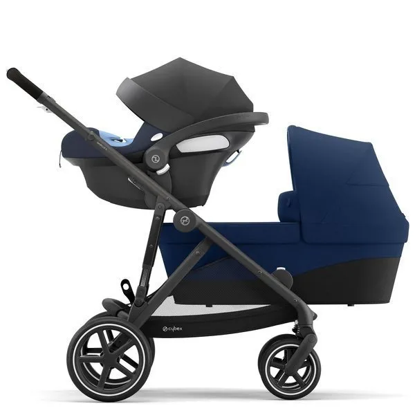 Cybex Gazelle S Zwillingskinderwagen + Autositze Cybex Aton M I-Size & SensorSafe 0-13 kg + Adapter Navy Blue frame Black