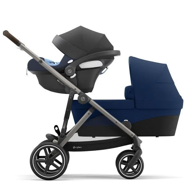 Cybex Gazelle S Zwillingskinderwagen + Autositze Cybex Aton M I-Size & SensorSafe 0-13 kg + Adapter Navy Blue frame Taupe