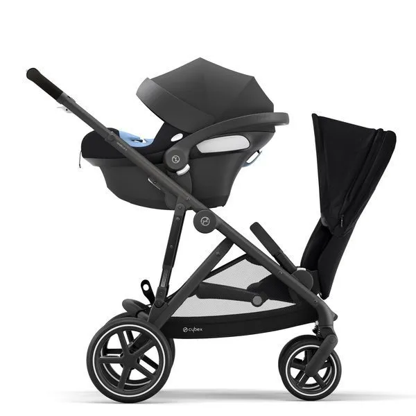 Cybex Gazelle S Zwillingskinderwagen Jahr für Jahr + Cybex Aton M I-Size & SensorSafe 0-13 kg RWF + Adapter Deep Black frame Black