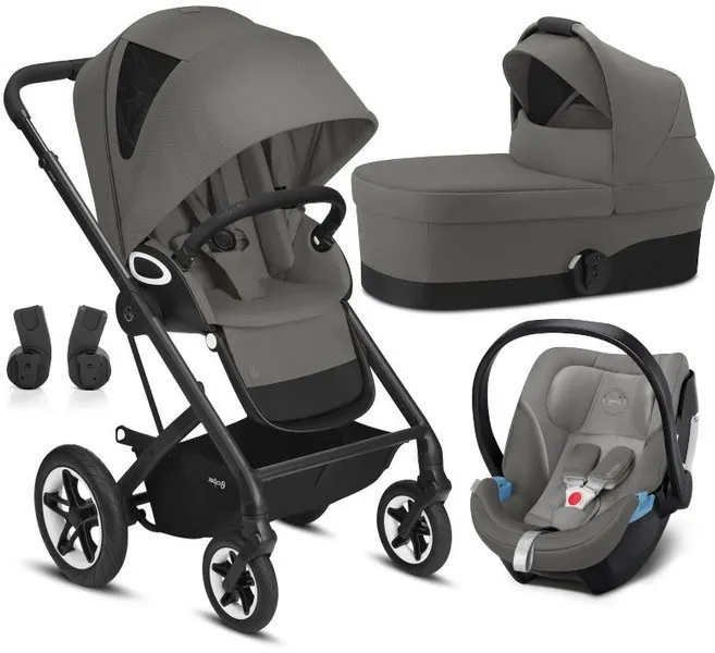 Cybex Talos S Lux Deep Sleeper Kinderwagen + Cybex Aton 5 Autositz 0-13kg + Adapter Schwarzer Rahmen Soho Grau