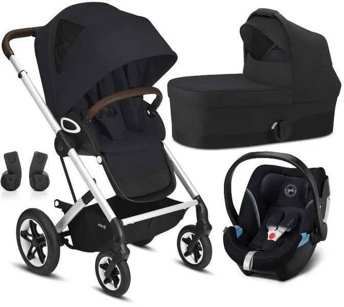Cybex Talos S Lux Deep Sleeper Kinderwagen + Cybex Aton 5 Autositz 0-13kg + Adapter Silberner Rahmen Tiefschwarz