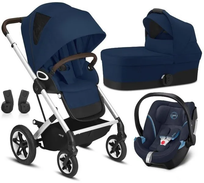 Cybex Talos S Lux Kinderwagen + Cybex Aton 5 Autositz 0-13kg + Adapter Silberner Rahmen Marineblau