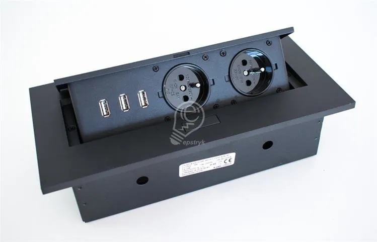 Einbausteckdosen 2x2P+Z, 3xUSB mit dickem Rand, schwarz , Orno OR-AE-1324/B