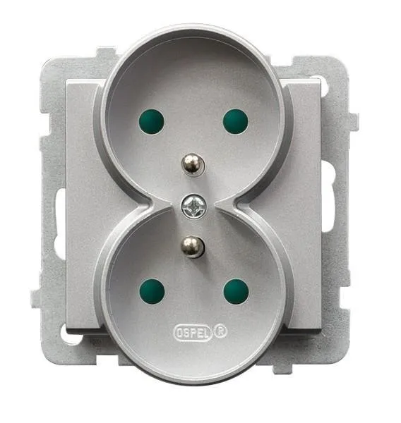 Gniazdo podwójne z uziemieniem z przesłonami torów prądowych srebro mat Ospel Sonata GP-2RRZP/m/38