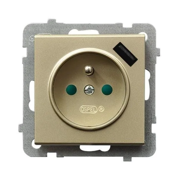 Gniazdo pojedyncze z uziemieniem z przesłonami torów prądowych, z ładowarką USB szampański złoty Ospel Sonata GP-1RZPUSB/m/39