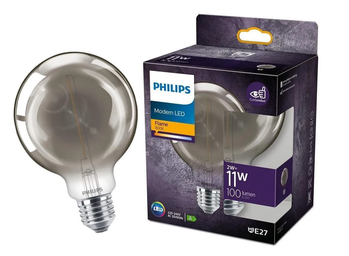 LED-Glühbirne Classic G93 E27 2W =11W 1800K warm WW 100lm Globe Philips