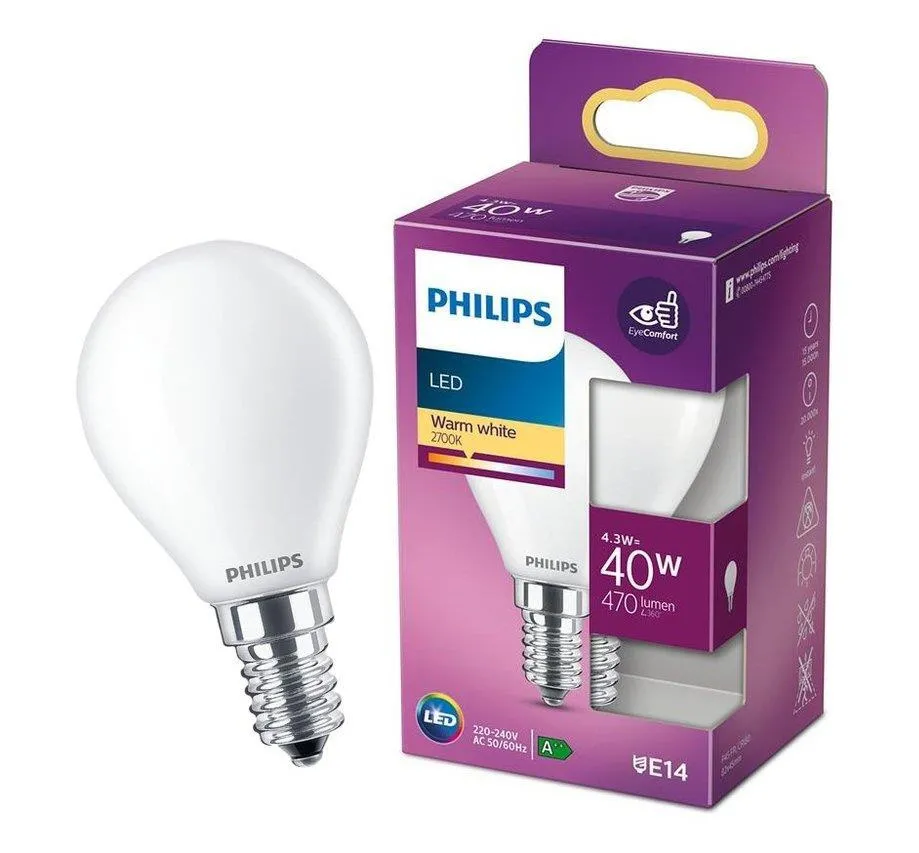 LED-Lampe Classic P45 E14 4.3W =40W 2700K warm WW 470lm Kugel Philips