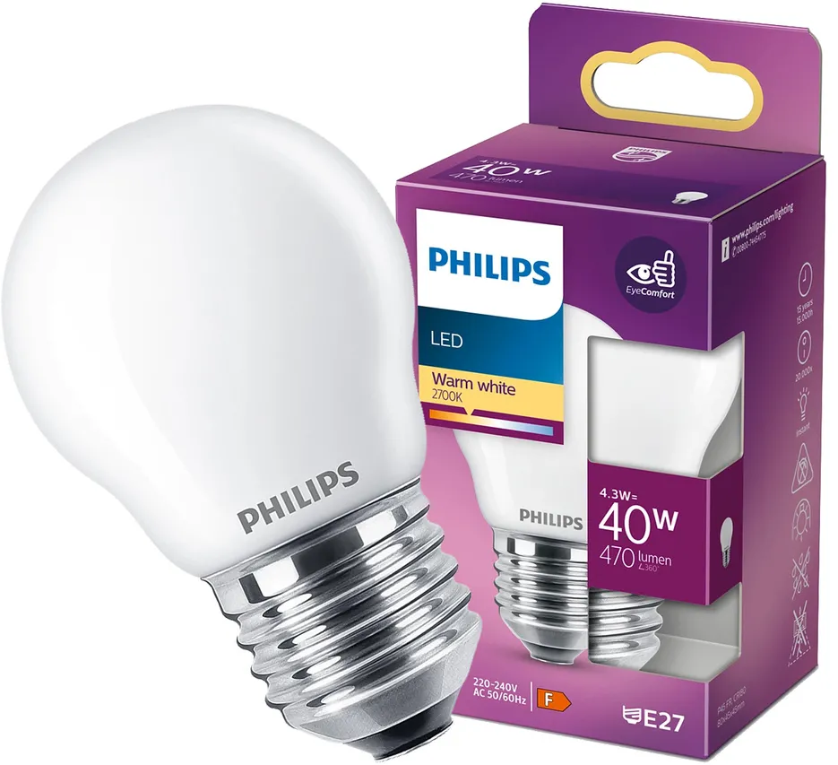 LED-Lampe P45 E27 4.3W =40W 2700K warm WW 470lm Kugel Philips