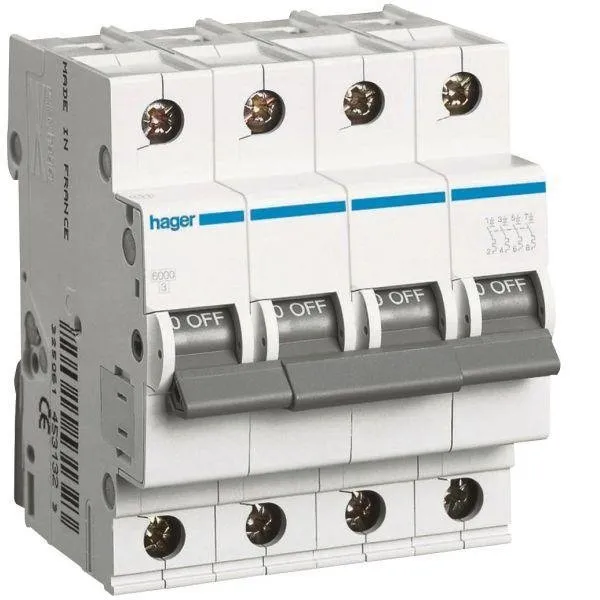 Leitungsschutzschalter 4 polig 6kA C-Charakteristik 25A 4 Module Hager MCN425E