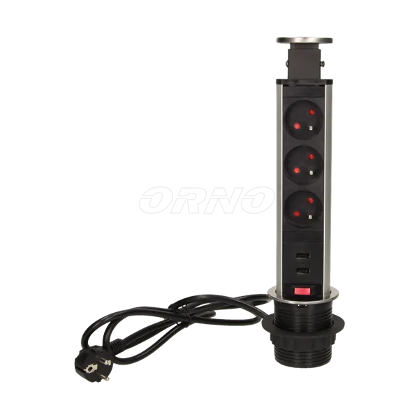 Möbelsteckdose 6cm, 3x250V AC-Auszug mit USB-Ladegerät, Schloss und 1,8 m Kabel, I, Orno OR-AE-1350